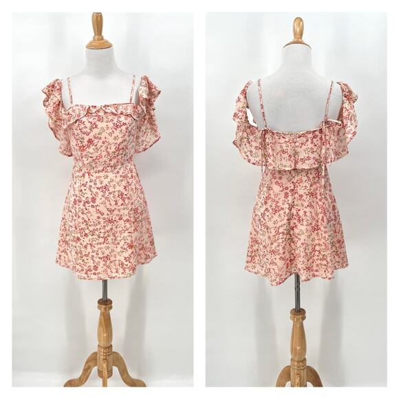 FOR LOVE AND LEMONS Aurora Mini Dress Womens Small Pink Floral Print Ruffle - Picture 2 of 16